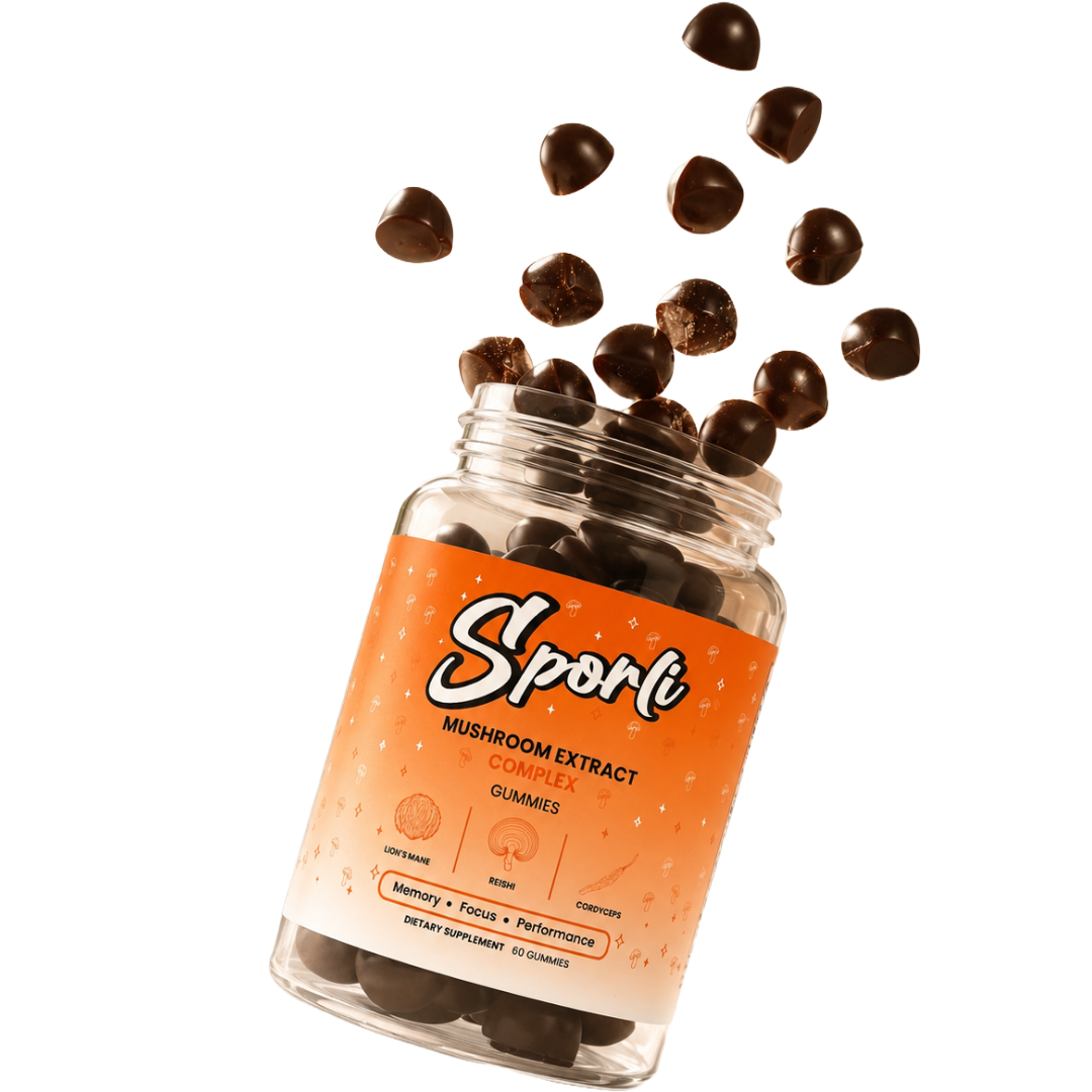 Sporli Mushroom Extract Complex Gummies jar with gummies bursting out